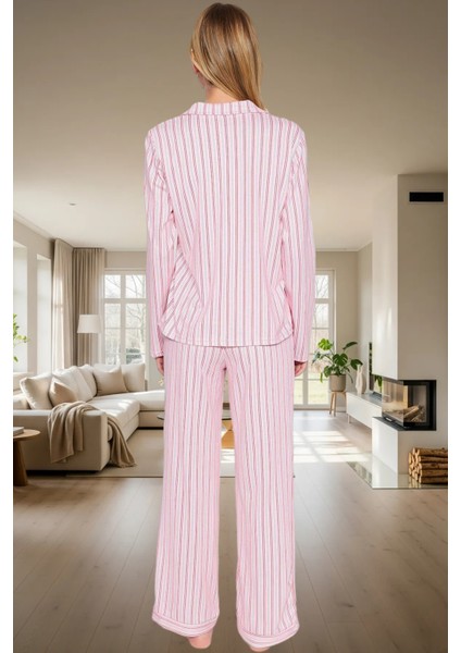 Kadın Pamuklu Çizgili Pijama Takımı Regular Kalıp Uzun Kollu Kışlık Rahat Özenle Seçilmiş modelleri
