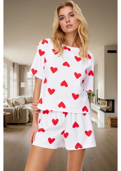 Kadın Kalpli Desenli Pamuklu Pijama Takımı Rahat Ev Giyim Seti Şık Görünüm Yüksek Kalite