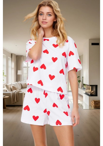 Kadın Kalpli Desenli Pamuklu Pijama Takımı Rahat Ev Giyim Seti Şık Görünüm Yüksek Kalite fiyatları