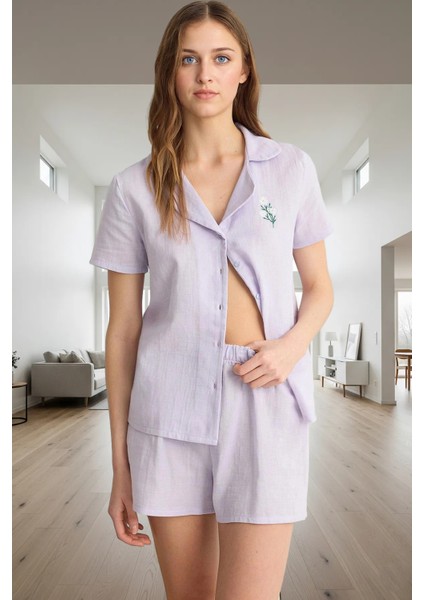 Kadın Pamuklu Kiraz Nakışlı Müslin Pijama Takımı Rahat Yazlık Kullanım