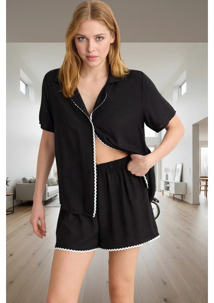 Kadın Viskon Pijama Takımı Şerit Detaylı Rahat Yazlık Kullanım ve Şık