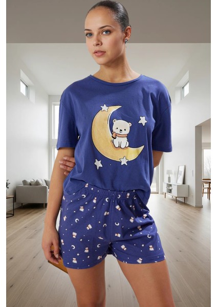 Kadın Ayıcıklı Desenli Pamuklu Kısa Kollu Pijama Takımı Trend Tasarım Rahat Kullanım Modern Stil