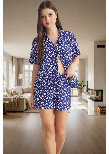 Kadın Leopar Desenli Kısa Kollu Örme Pijama Takımı Profesyonel Görünüm Uzun Ömürlü Rahat Kullanım