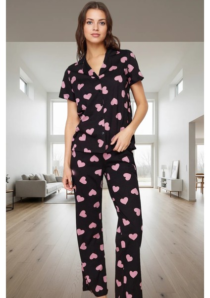 Kadın Kalpli Pamuklu Kısa Kollu Rahat Pijama Takımı Trend Tasarım Premium Kalite fiyatları