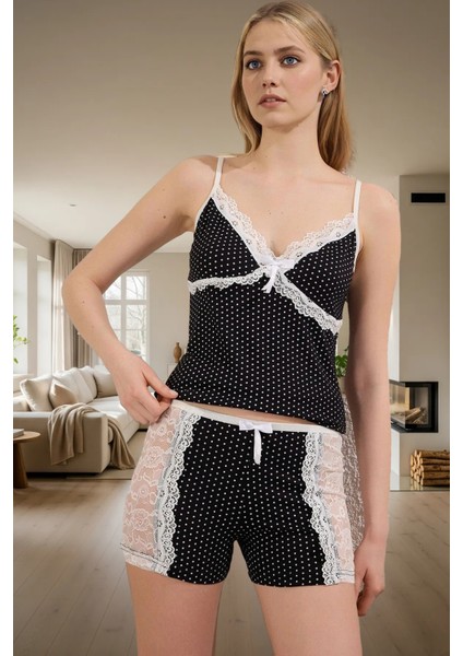 Kadın Puantiyeli Dantelli Pamuklu Pijama Takımı Yazlık Rahat Ev Giyim Konforlu Kesim