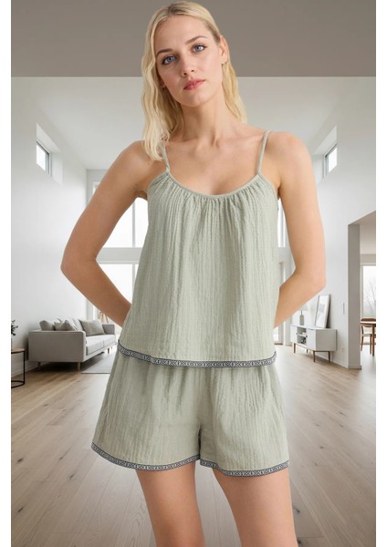Kadın Pamuklu Müslin Pijama Takımı Rahat Şerit Detaylı Yazlık Özenle Seçilmiş Premium Kalite