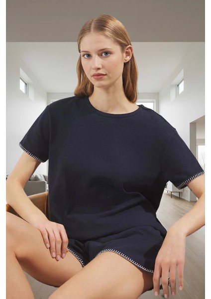 Kadın Waffle Kumaş Kısa Kollu Pijama Takımı Yazlık Rahat Homewear Günlük Kullanım Için