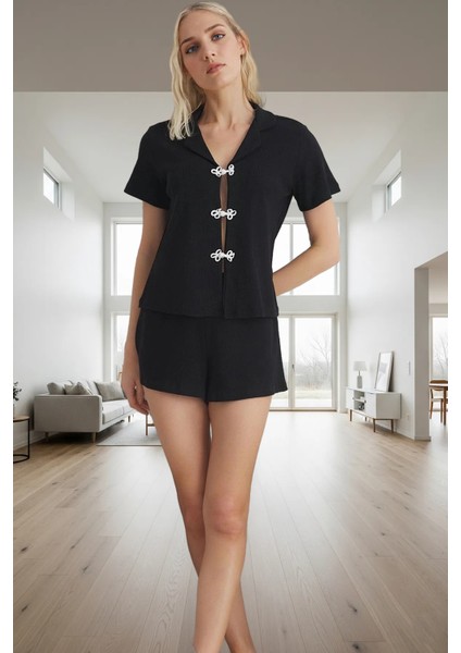 Kadın Örme Pijama Takımı Kısa Kollu Gömlek Yaka Rahat Yazlık Kaliteli Işçilik Modern Stil