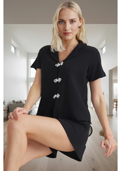 Kadın Örme Pijama Takımı Kısa Kollu Gömlek Yaka Rahat Yazlık Kaliteli Işçilik Modern Stil fiyatları