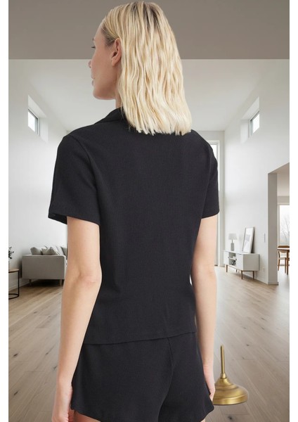 Kadın Örme Pijama Takımı Kısa Kollu Gömlek Yaka Rahat Yazlık Kaliteli Işçilik Modern Stil modelleri
