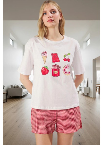 Kadın Rahat Örme T Shirt ve Kareli Şort Pijama Takımı Yaz Için Mükemmel Uyum Konforlu Kesim Özel Tasarım