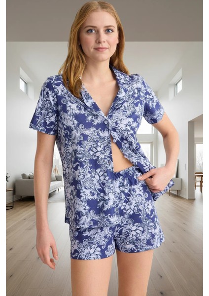 Kadın Kısa Kollu Pamuklu Pijama Takımı Etnik Desenli Rahat Ev Giyim Profesyonel Görünüm ve Şık