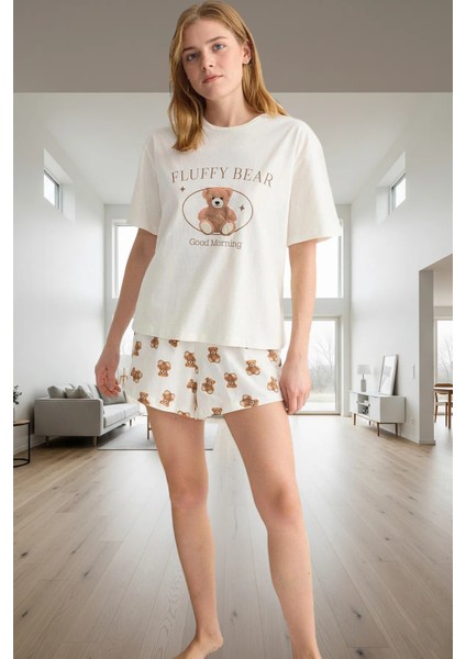 Kadın Ayıcıklı Baskılı Pamuklu Kısa Kollu Pijama Takımı Trend Tasarım Özenle Seçilmiş