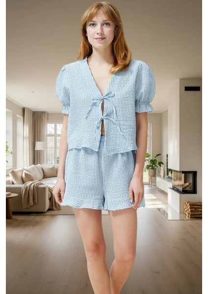 Kadın Gofre Dokuma Pijama Takımı V Yaka Bağlamalı Şortlu Dayanıklı Malzeme modelleri