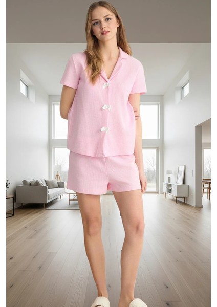Kadın Waffle Kumaş Kısa Kollu Pijama Takımı Günlük Kullanım Için Mükemmel Uyum