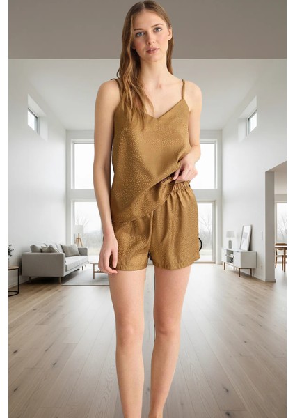 Kadın Saten Pijama Takımı Ince Askılı Regular Kalıp Leopar Desenli Premium Kalite fiyatları