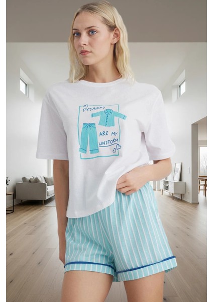 Kadın Pamuklu Regular Kalıp Kısa Kollu Bisiklet Yaka Pijama Takımı Uzun Ömürlü Özenle Seçilmiş