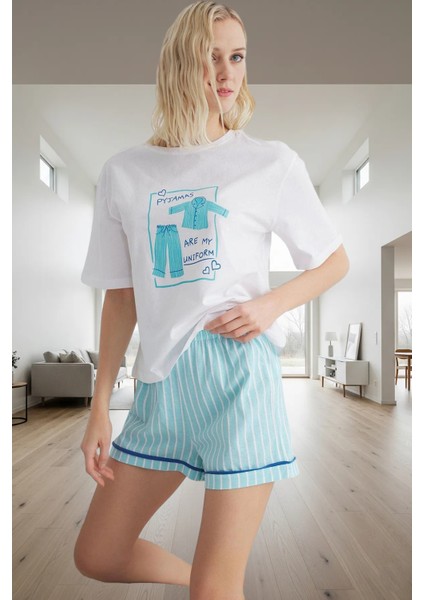 Kadın Pamuklu Regular Kalıp Kısa Kollu Bisiklet Yaka Pijama Takımı Uzun Ömürlü Özenle Seçilmiş fiyatları