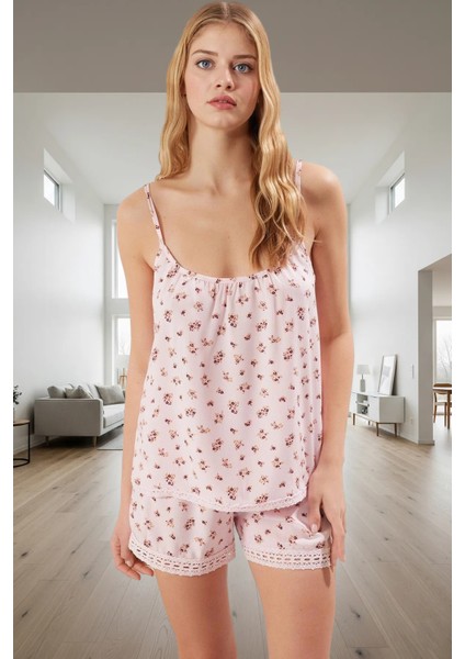 Kadın Çiçekli Viskon Ince Askılı Pijama Takımı Yazlık Rahat Homewear Premium Kalite