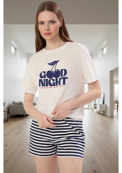 Kadın Yazlık %100 Pamuklu Kiraz Baskılı Pijama Takımı Rahat Kalıp Özel Tasarım Dayanıklı Malzeme