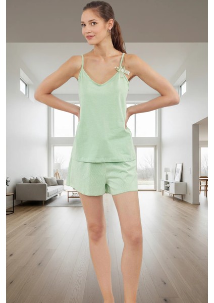 Kadın Rahat Viskoz Örme Pijama Takımı Ince Askılı Puantiyeli Desen Regular Kalıp Zarif Tasarım