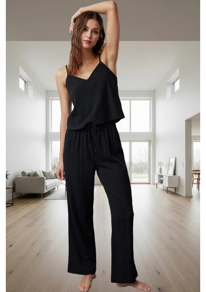 Kadın Viskon Karışımlı Ince Askılı Fırfırlı Pijama Takımı Rahat Kullanım Mükemmel Uyum Özel Tasarım