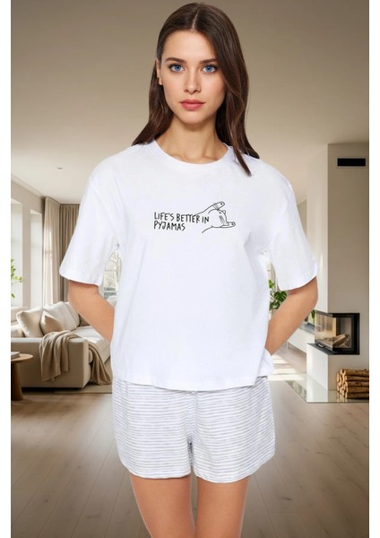 Kadın Yazlık Pamuklu Çizgili Pijama Takımı Rahat Kalıp Renk ve Şık Dayanıklı Malzeme
