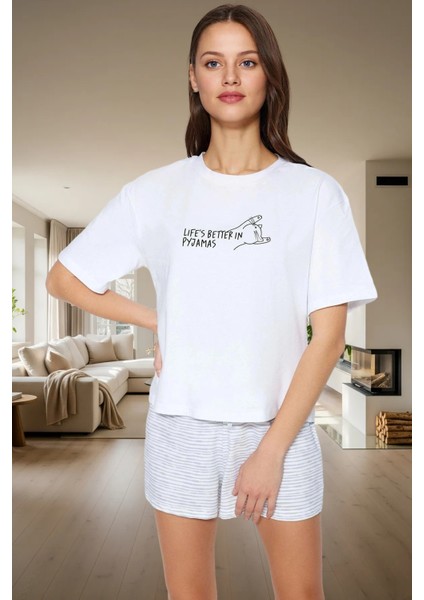 Kadın Yazlık Pamuklu Çizgili Pijama Takımı Rahat Kalıp Renk ve Şık Dayanıklı Malzeme fiyatları