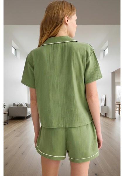 Kadın %100 Pamuklu Müslin Pijama Takımı Regular Kalıp Şortlu Rahat Tasarım Zarif fiyatları