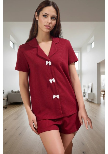 Kadın Waffle Kumaş Kısa Kollu Pijama Takımı Günlük Kullanım Için Mükemmel Uyum