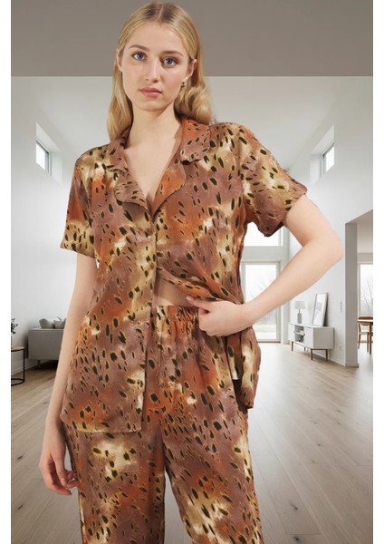 Kadın Şık Leopar Desenli Viskon Pijama Takımı Rahat Ev Giyim Seti ve Trend Tasarım Yüksek Kalite fiyatları