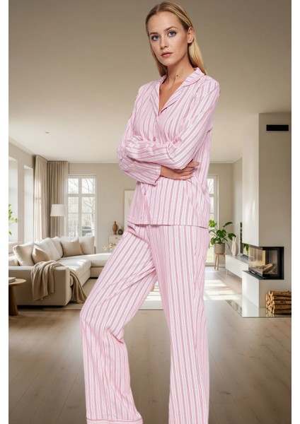 Kadın Pamuklu Çizgili Pijama Takımı Regular Kalıp Uzun Kollu Kışlık Rahat Özenle Seçilmiş fiyatları