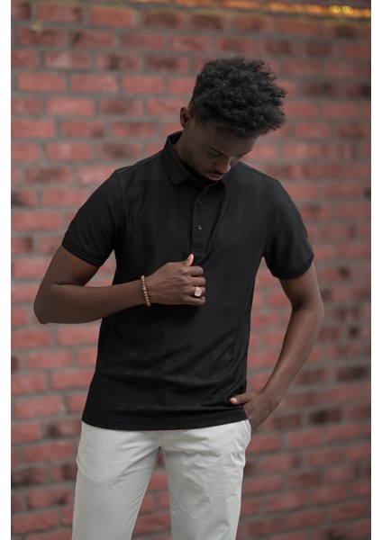 Regular Fit Likralı Kendinden Çizgili Polo Yaka T-Shirt