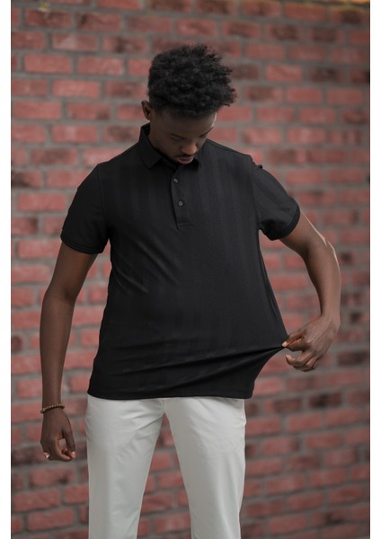 Regular Fit Likralı Kendinden Çizgili Polo Yaka T-Shirt modelleri