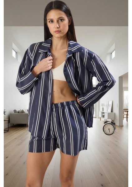 Kadın Rahat Viskoz Pijama Takımı Çizgili Desenli Crinkle Dokuma Kaliteli Işçilik