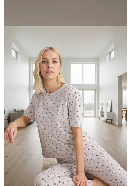 Kadın Kalp Desenli Örme Pijama Takımı Rahat Kalıp Yumuşak Dokuma Trend Tasarım Günlük Kullanım Için