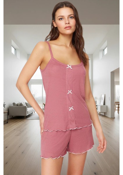 Kadın Şık Örme Pijama Takımı Ince Askılı Fitilli Kurdele Detaylı Rahat Kalıp Kullanım