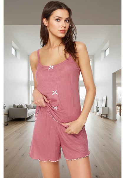 Kadın Şık Örme Pijama Takımı Ince Askılı Fitilli Kurdele Detaylı Rahat Kalıp Kullanım fiyatları