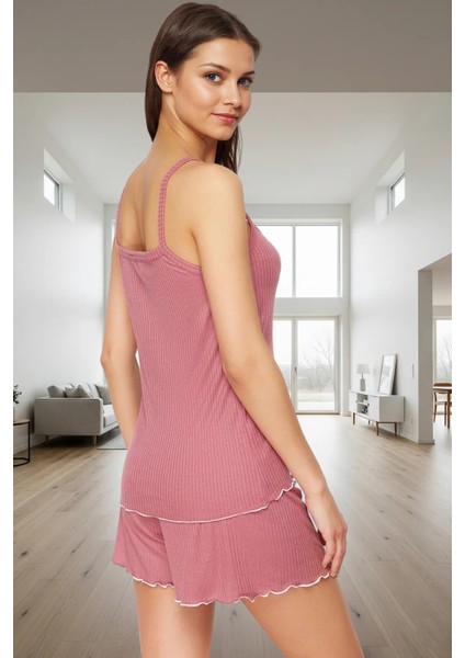 Kadın Şık Örme Pijama Takımı Ince Askılı Fitilli Kurdele Detaylı Rahat Kalıp Kullanım modelleri