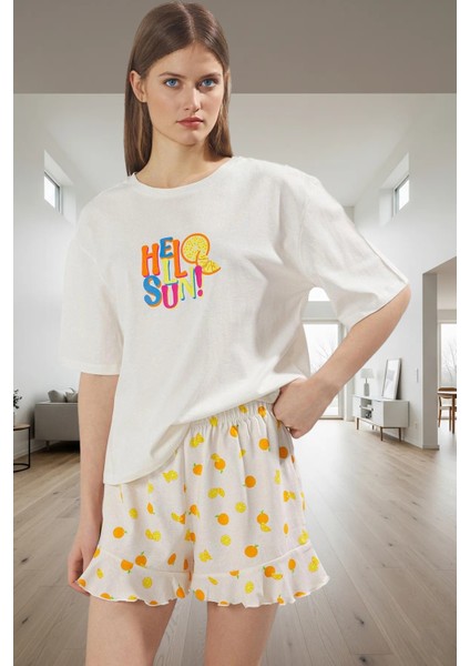 Kadın Yazlık Pamuklu Pijama Takımı Bisiklet Yaka Volanlı Şortlu Rahat Tasarım Seçkin Malzeme