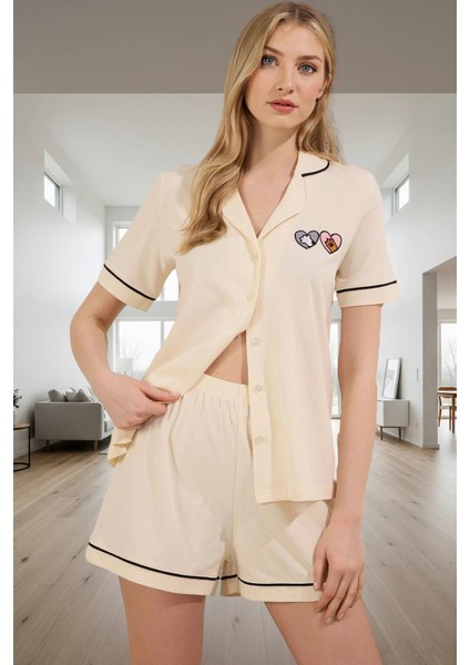 Kadın Nakışlı Kısa Kollu Örme Pijama Takımı Rahat Yazlık Uyku Seti Dayanıklı Malzeme Premium Kalite
