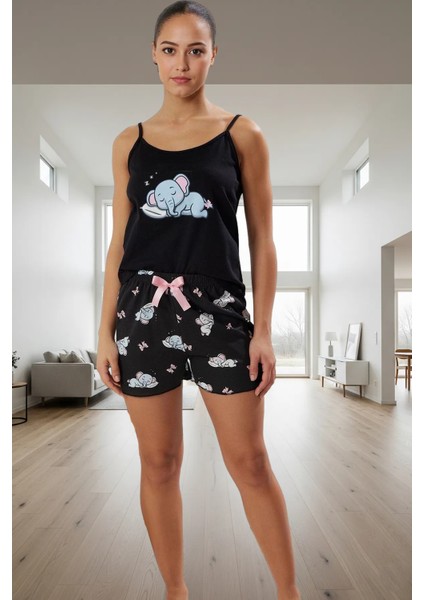 Kadın Yazlık Pamuklu Pijama Takımı Fil Desenli Regular Kalıp Profesyonel Görünüm Zarif Tasarım