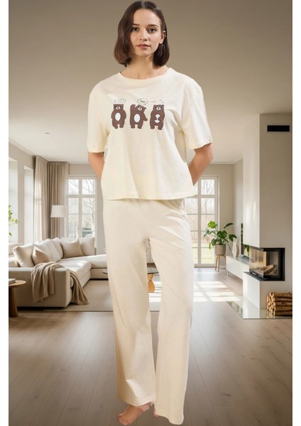 Kadın Pamuklu Rahat Baskılı Pijama Takımı Kısa Kollu Tişört Pantolon Kullanım ve Şık