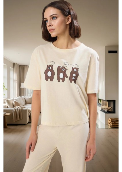 Kadın Pamuklu Rahat Baskılı Pijama Takımı Kısa Kollu Tişört Pantolon Kullanım ve Şık fiyatları