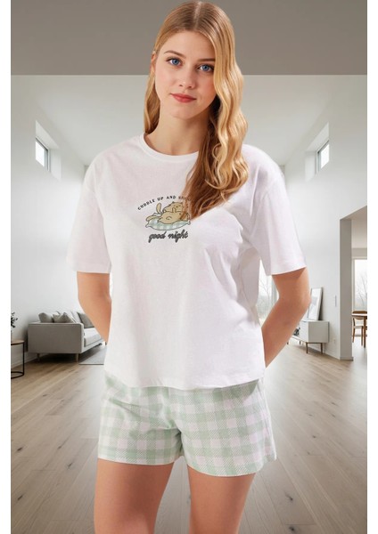 Kadın Bisiklet Yaka Kısa Kollu Pamuklu Pijama Takımı Seçkin Malzeme Trend Tasarım Rahat Kullanım