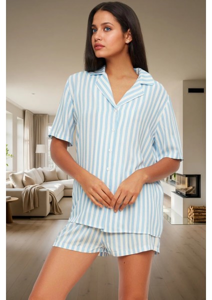 Kadın Şık Çizgili Viskon Pijama Takımı Rahat Ev Giyim Seti Görünüm Konforlu Kesim