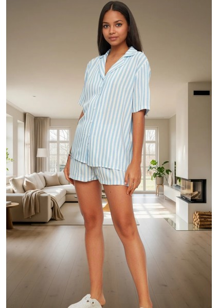 Kadın Şık Çizgili Viskon Pijama Takımı Rahat Ev Giyim Seti Görünüm Konforlu Kesim fiyatları