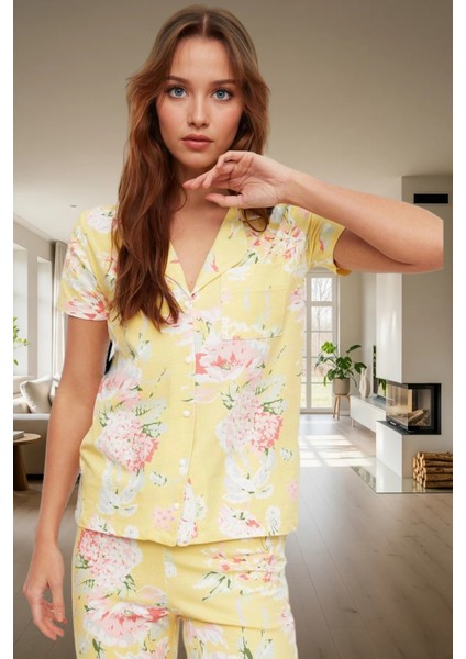 Kadın Çiçekli Desenli Pamuklu Kısa Kollu Pijama Takımı Profesyonel Görünüm Özenle Seçilmiş fiyatları