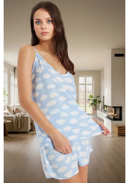 Kadın Viskon Ince Askılı Bulut Desenli Pijama Takımı Rahat Yazlık Ev Giyim Mükemmel Uyum Kaliteli Işçilik