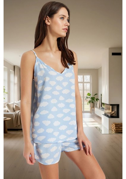 Kadın Viskon Ince Askılı Bulut Desenli Pijama Takımı Rahat Yazlık Ev Giyim Mükemmel Uyum Kaliteli Işçilik modelleri